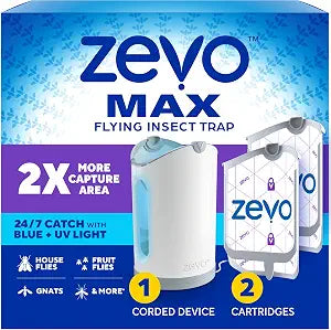 Zevo MAX Bug Catcher and Gnat &amp; Fruit Fly Trap Indoors, 1 Base &amp; 2 Refills | Fits 2x More Bugs Than Original Zevo Trap, Catches House Flies, Gnats &amp; Fruit Flies 24/7, Blue &amp; UV Light, No Insecticides