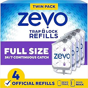 Zevo Flying Insect Trap Refill Cartridges for Fruit Flies &amp; Gnats, 4 Count | Fits Zevo MAX &amp; Zevo Flying Insect Trap, Catches House Flies, Gnats &amp; Fruit Flies 24/7, No Added Fragrance or Dyes